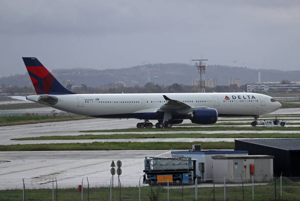An Airbus A330-941 is being delivered to Delta Air Lines, flying from Toulouse Blagnac Airport to Atlanta, in Toulouse, France, on December 8, 2023.