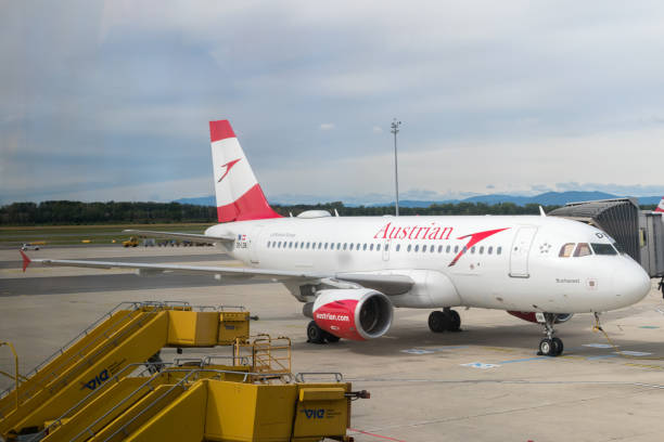 Austrian Airlines Airbus A319-112 plane at Vienna International Airport (VIE). Vienna, Austria - August 31, 2020: Austrian Airlines Airbus A319-112 plane at Vienna International Airport (VIE). austrian airlines stock pictures, royalty-free photos & images