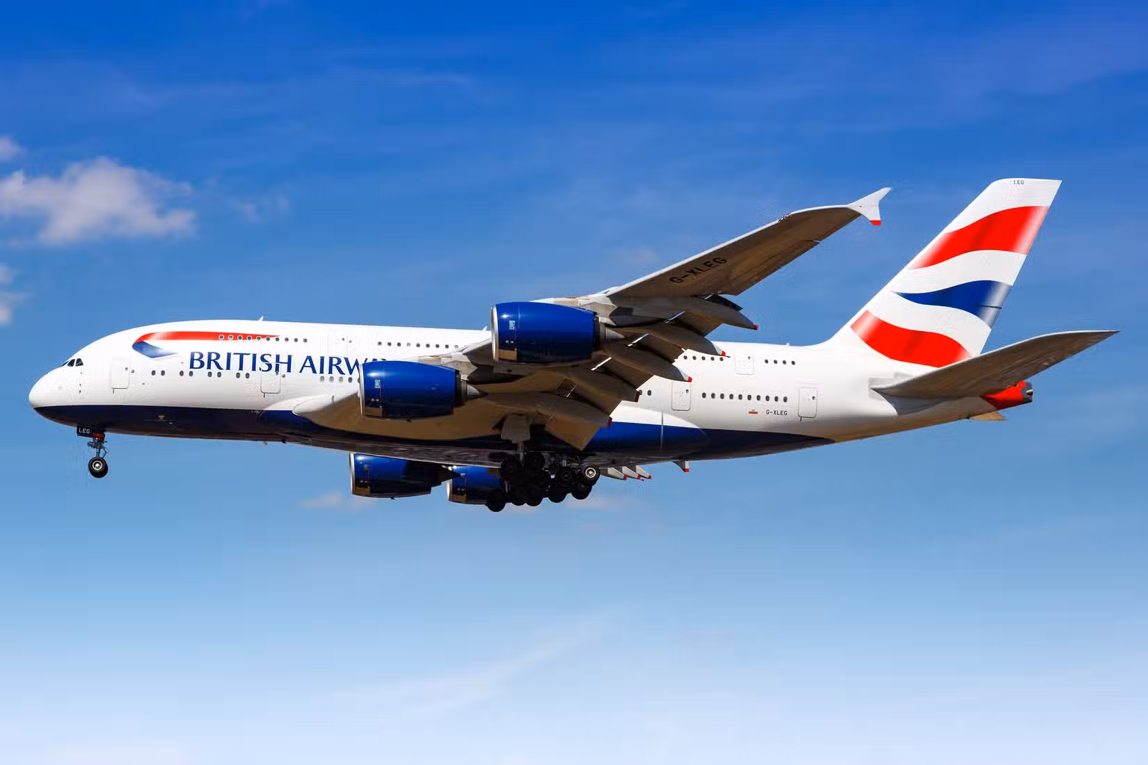A British Airways Airbus A380 flying in the sky.