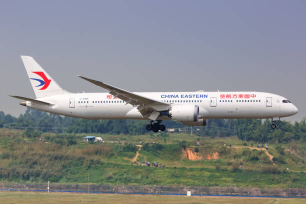 China Eastern Airlines Boeing 787-9 Dreamliner airplane Chengdu Shuangliu airport in China Chengdu, China - September 22, 2019: China Eastern Airlines Boeing 787-9 Dreamliner airplane at Chengdu Shuangliu airport (CTU) in China. Boeing is an American aircraft manufacturer headquartered in Chicago. china eastern airlines stock pictures, royalty-free photos & images