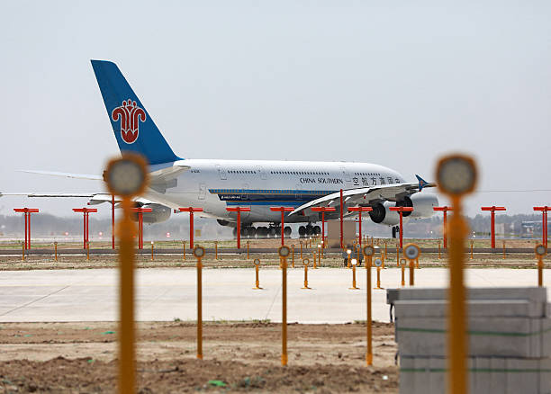 China Southern Airlines Airbus A380 taxis at the new Beijing Daxing International Airport in Beijing on May 13, 2019. The new airport, which is...