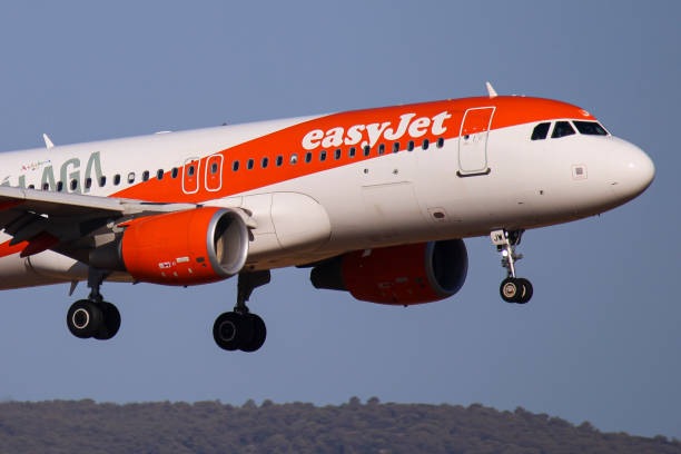 EasyJet Airbus A320 passenger aircraft spotted flying on final approach for landing at the runway of Athens International Airport ATH at the Greek...