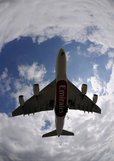 Emirates Airlines Airbus A380-800 flying on final-approach to Heathrow.
