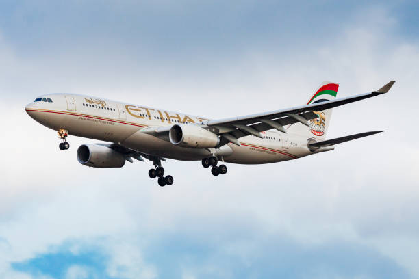 Etihad Airways Airbus A330-200 A6-EYP passenger plane landing at Frankfurt Airport FRANKFURT / GERMANY - DECEMBER 6, 2012: Etihad Airways Airbus A330-200 A6-EYP passenger plane landing at Frankfurt Airport etihad-airways stock pictures, royalty-free photos & images