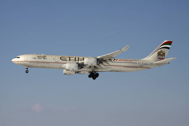 Etihad Airways Airbus A340-500 Frankfurt am Main, Germany - March 15, 2013: Etihad Airways Airbus A340-500 with registration A6-EHA on short final for runway 25L of Frankfurt Airport. etihad-airways stock pictures, royalty-free photos & images
