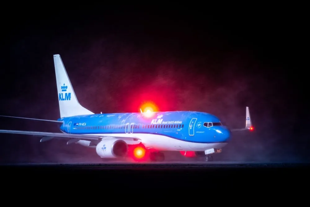 Pulkovo International Airport, Saint-Petersburg, Russia - 01.30.2022: KLM Royal Dutch Airlines Boeing 737-800 on the stand due heavy snow conditions.