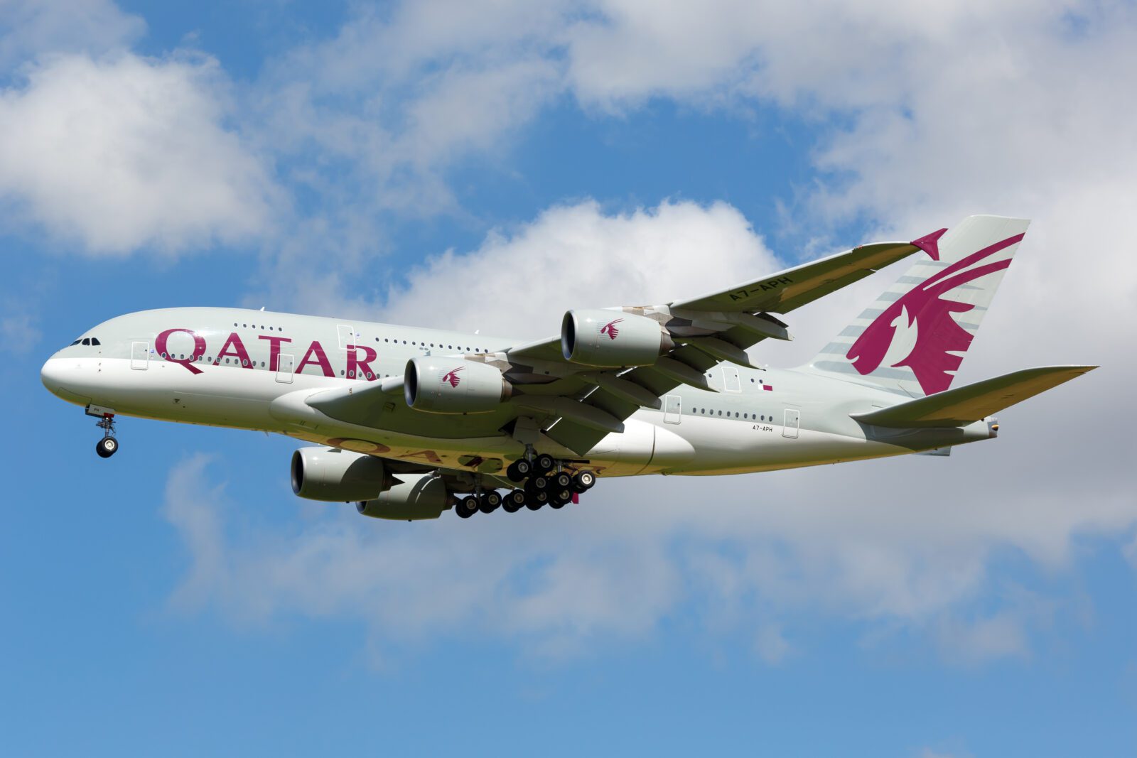 A Qatar Airways Airbus A380 flying in the sky