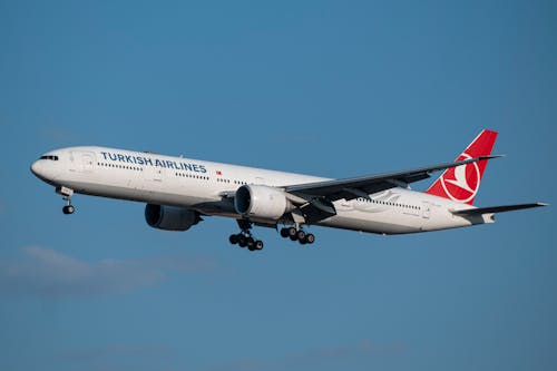 Free Turkish Airlines Boeing 777 aircraft flying in clear blue sky. Stock Photo