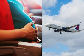 pregnant woman travel by plane, flying in pregnancy; Delta Airlines airplane (Airbus A321) landing at Miami International airport.