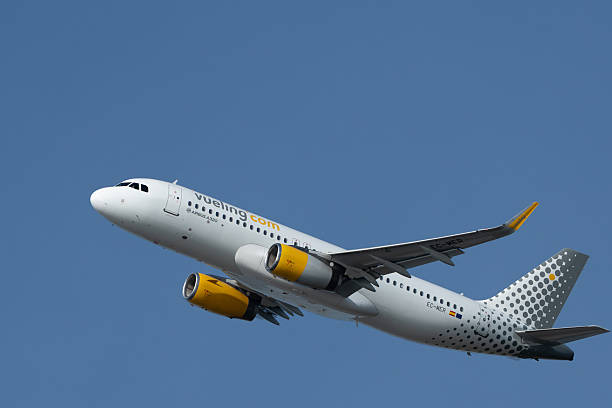 vueling airbus a320 commercial airplane flying in clear blue sky, travel concept - vueling-airbus-a320 photos et images de collection