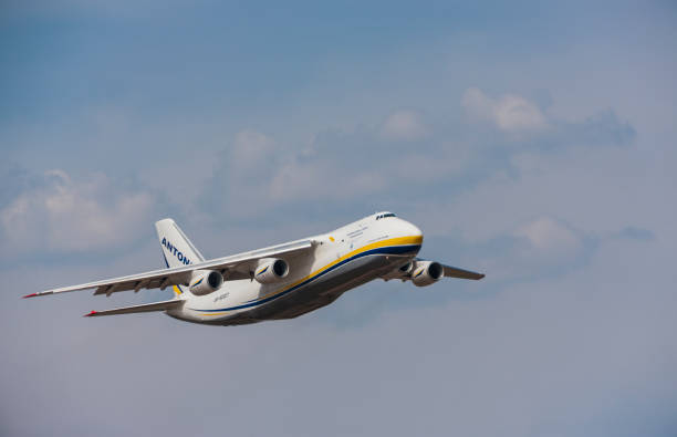 Antonov An-124 Ruslan heavy transport airplane flying Antalya/ TURKEY - April 28, 2018: Antonov An-124 Ruslan heavy transport airplane flying over Antalya city, Turkey. The Antonov An-124 Ruslan is a soviet/ukrainian cargo aircraft and the largest aircraft ever mass produced. antonov 124 stock pictures, royalty-free photos & images