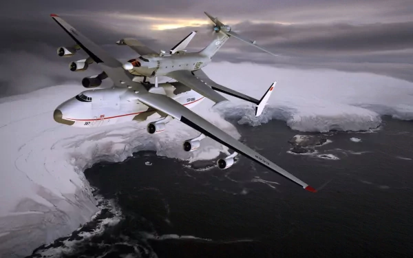 HD desktop wallpaper featuring the Antonov AN-225 Mriya military aircraft flying over icy Arctic waters under a dramatic sky.