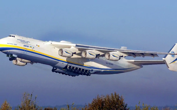 HD desktop wallpaper of the Antonov AN-225 Mriya cargo plane in flight against a clear blue sky, showcasing the massive cargo aircraft and its six engines.