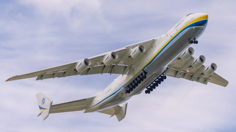 The Antonov An-225 Mriya aircraft in flight in a clear sky.
