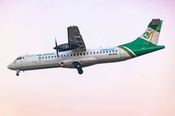 Yeti Airlines ATR 72 aircraft as seen on final approach flying for landing at the runway of Kathmandu Tribhuvan International Airport in Nepal on...
