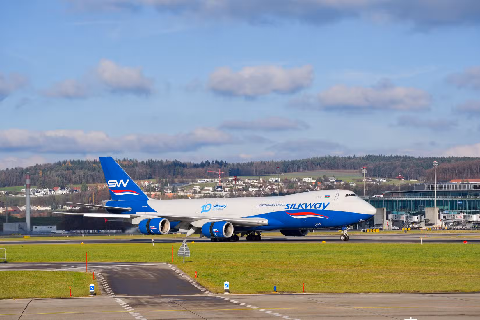 Just landed Silk Way West Airlines Kazakhstan cargo airplane Boeing 747-8F registration VQ-BVB at Swiss Zürich Airport
