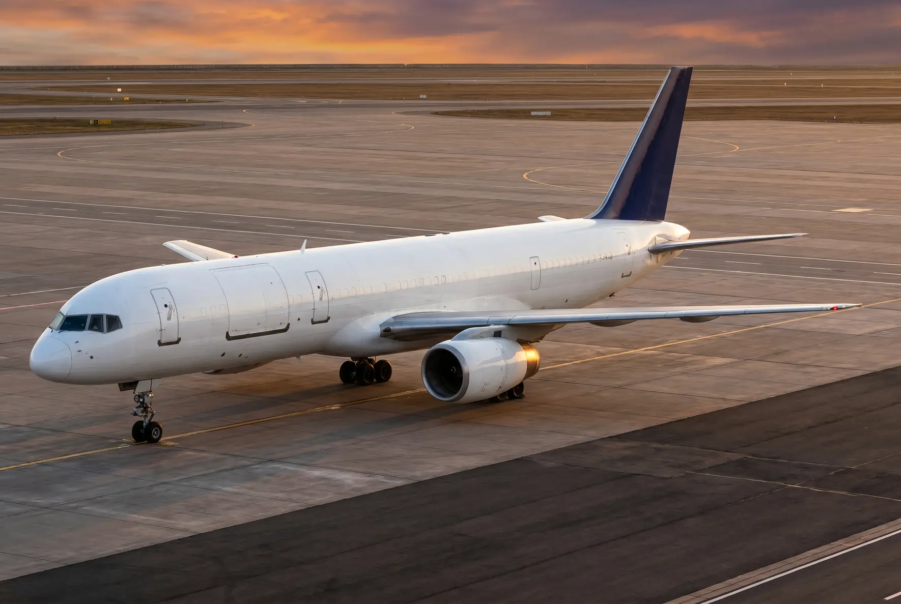 Boeing 757-200F cargo aircraft parked on an airport tarmac at sunset, with no visible airline branding.