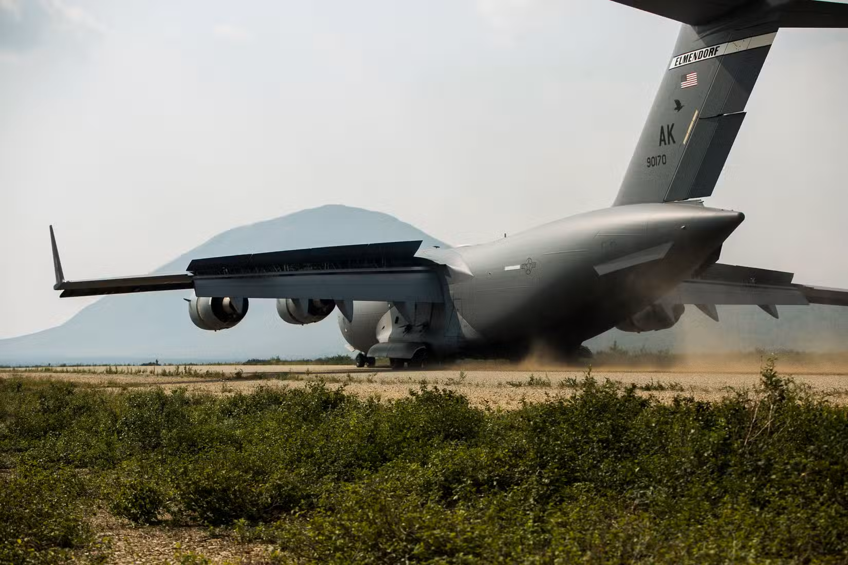Air Force C-17 Globemaster III transport aircraft with the 249th Airlift Squadron taxis down an assault landing strip in Donnelly Training Area, Alaska