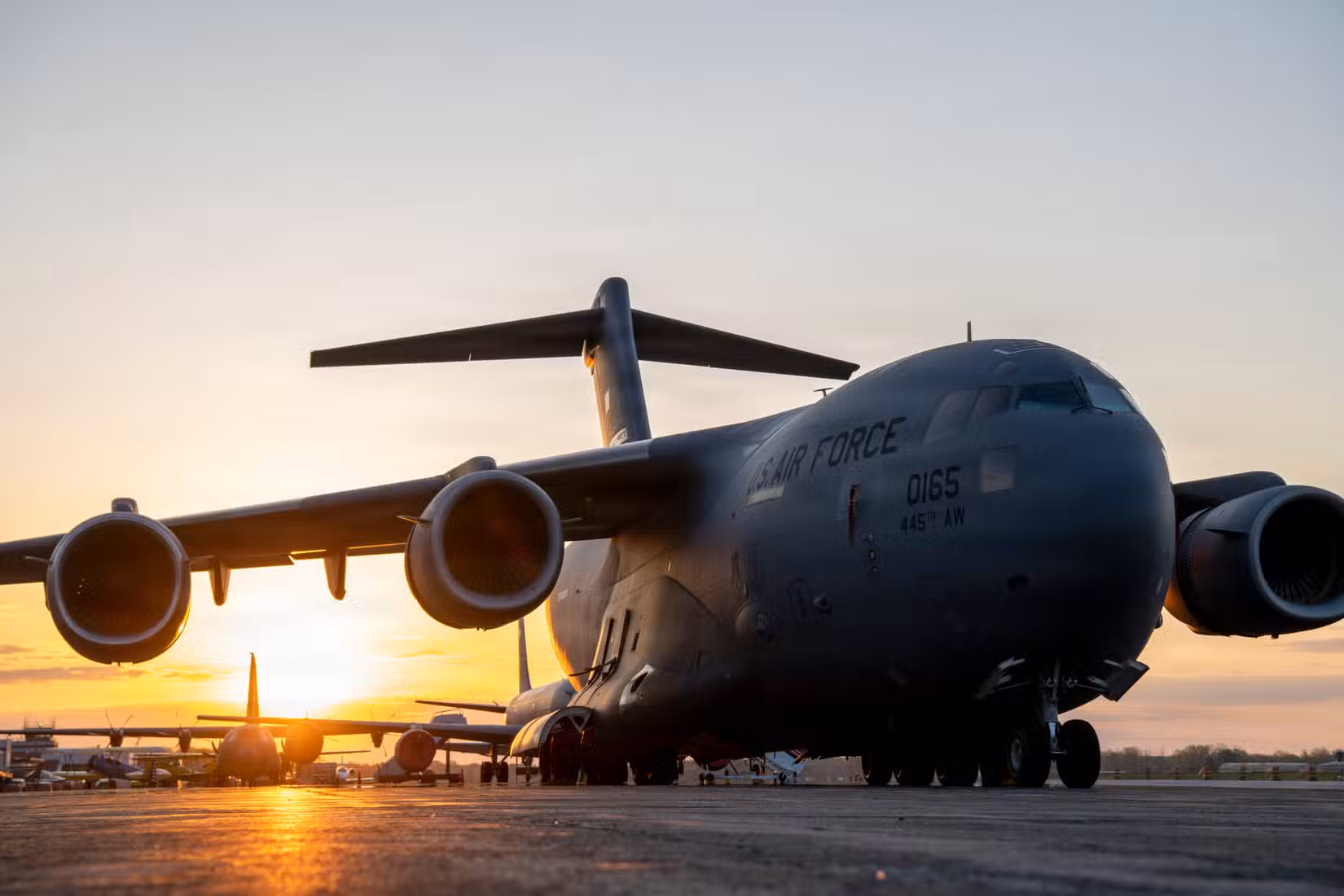A C-17 Globemaster III, assigned to the 445th Airlift Wing, sits on the flightline before the Toledo Air Show at the Eugene F. Kranz Toledo Express Airport, May 10, 2025.