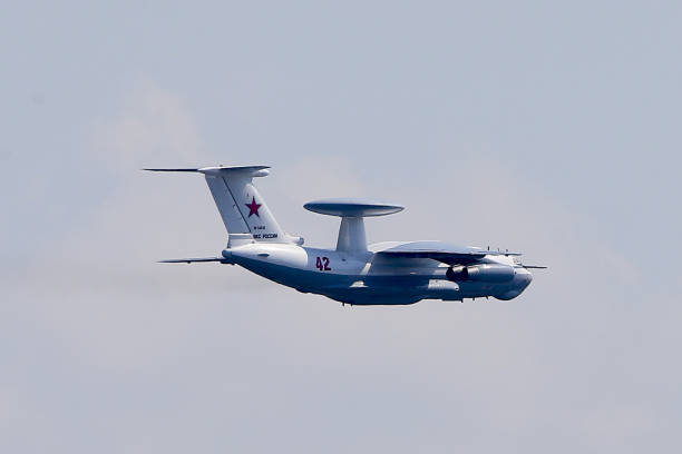 Airborne early warning and control aircraft Beriev A-50 Shmel Ilyushin Il-76 takes part in rehearsal for 2020 Victory Day parade, in Moscow's...