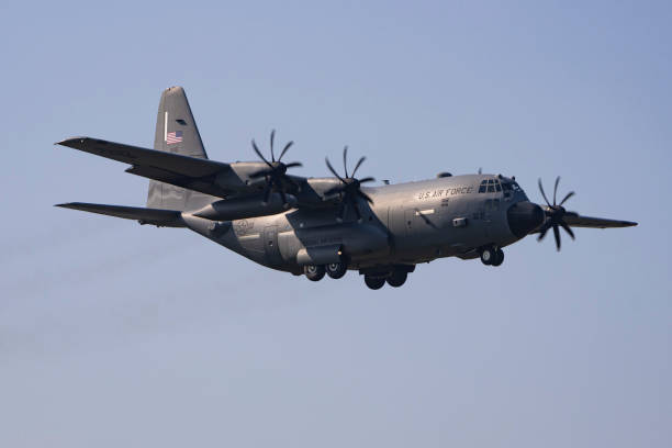 Air Force Lockheed C-130 aircraft spotted flying on final approach to land on the runway of Eindhoven Airport and Air Base. Lockheed Martin C-130 is...