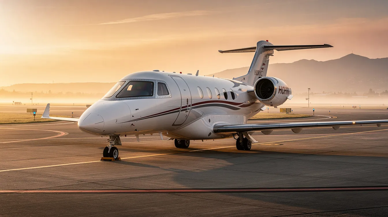 A HondaJet-style light jet, specifically the HondaJet Elite II, is parked on a quiet airport ramp at sunrise, showcasing its sleek composite fuselage and elegant design. The gentle morning light highlights the aircraft's advanced performance features, making it an ideal choice for private jet travel.