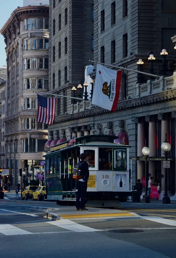 Famous San Francisco street cable car with a man waiting to board