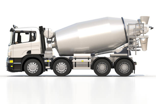 Side View of Cement Mixer 3d rendering image of a cement mixer on white background concrete mixer truck stock pictures, royalty-free photos & images