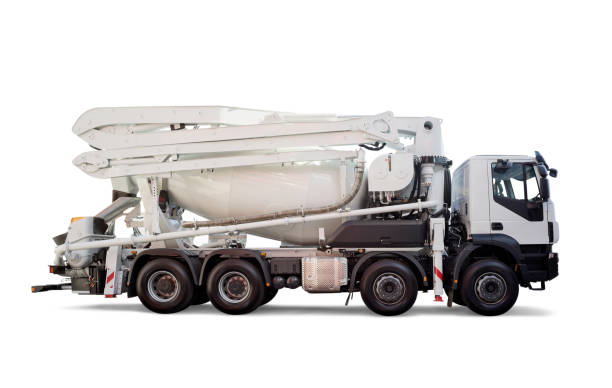 Cement Mixer and Pump Truck Side view of a cement mixer and pump truck isolated on white background. white concrete mixer truck stock pictures, royalty-free photos & images