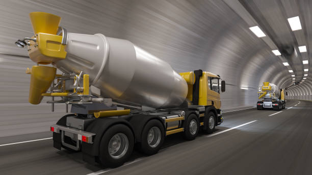 Rear and Side View of Cement Mixers Inside a Tunnel 3D Rendering concrete mixer truck stock pictures, royalty-free photos & images
