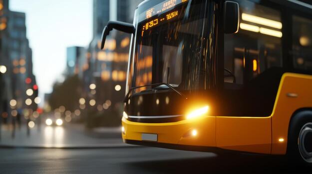 Brightly lit city bus on urban street during dawn showcasing modern transportation design photo