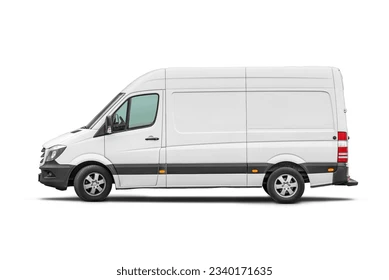 Delivery van side view isolated on a white background. Side view of a modern cargo short-base minibus. Stock Photo
