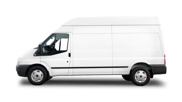 Side view of a used white van for branding Side view of used white van for branding side view truck moving van delivery van stock pictures, royalty-free photos & images