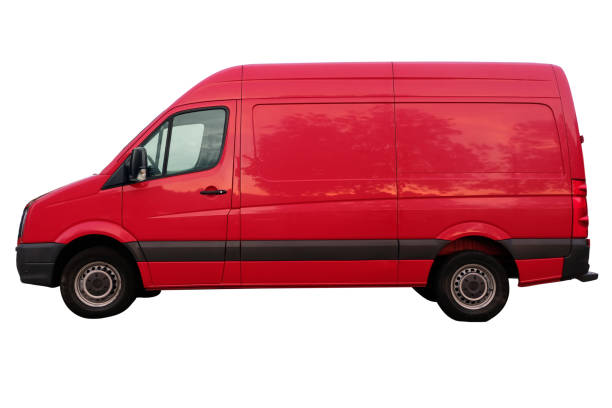 Side view of red delivery van - isolated on white background Side view of red delivery van - isolated on white delivery truck side view stock pictures, royalty-free photos & images