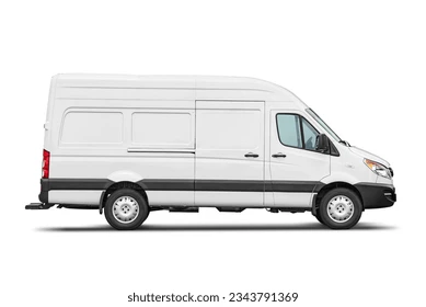 Delivery van side view isolated on a white background. Side view of a modern blank cargo short-base minibus. Stock Photo