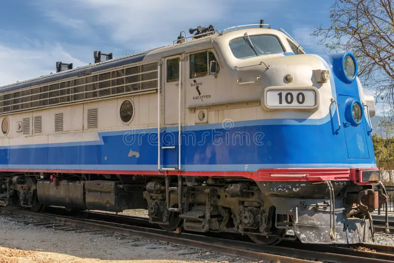 Side view of vintage train locomotive in the station of Fillmore, California, site of a collection of vintage trains and wagons. Diesel locomotive side view stock images, royalty-free photos and pictures