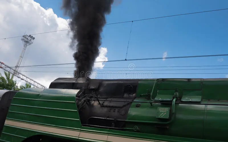 Side view of roof of green locomotive with black smoke coming out of the chimney of the train on the background of blue cloudy sky. Diesel locomotive side view stock images, royalty-free photos and pictures