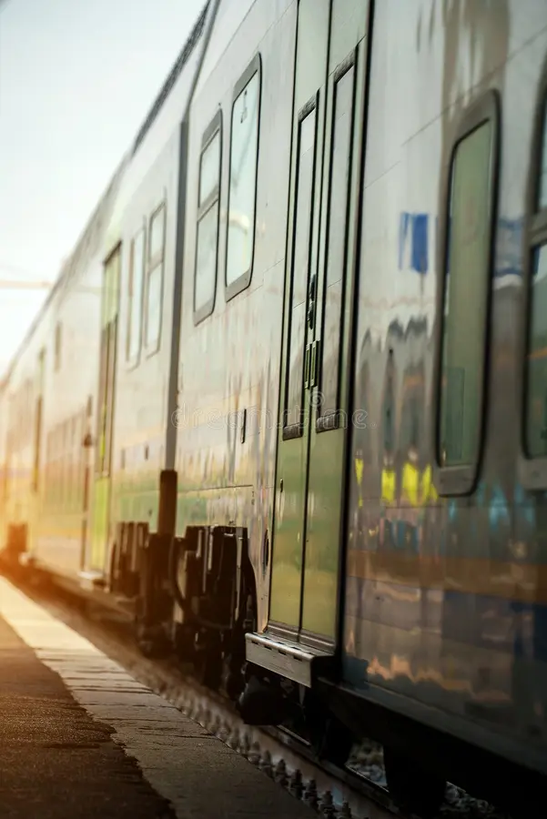 Double decker train passing by the train station in Italy. Double decker train stock images, royalty-free photos and pictures