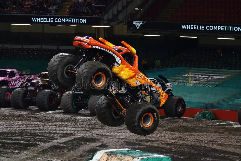 PRINCIPALITY STADIUM CARDIFF WALES September 3 2016 El Toro Loco monster truck performing a wheelie over jumps during the Monster Jam tour. El toro loco monster truck stock images, royalty-free photos and pictures