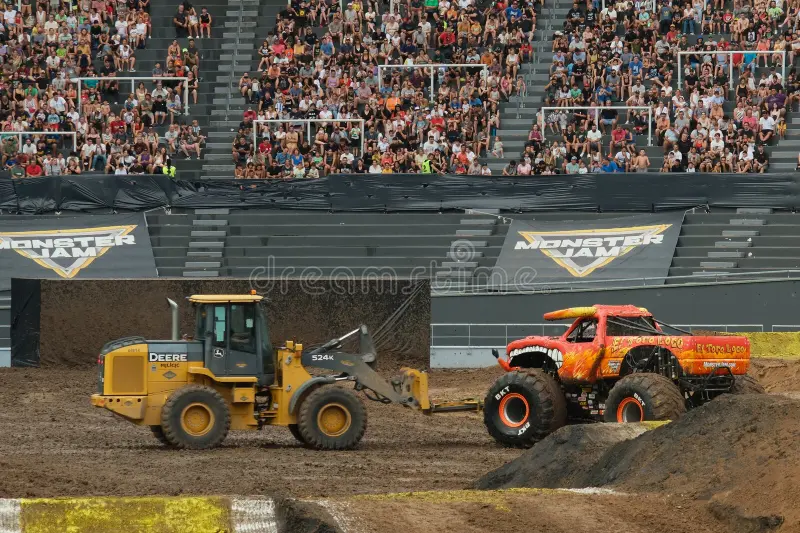 Towing from the arena to repair a broken down monster truck "El toro loco", Unique Diego Armando Maradona Stadium in La Plata, Province of Buenos Aires, Argentina, Monster Jam 16. 12. 2023. El toro loco monster truck stock images, royalty-free photos and pictures