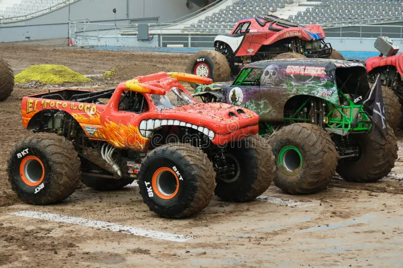 Monster Trucks "Spider man", "Grave Digger", "El Toro Loco" at the unique Diego Armando Maradona Stadium in La Plata, Buenos Aires Province, Argentina, Monster Jam 16. 12. 2023. Monster jam trucks stock images, royalty-free photos and pictures