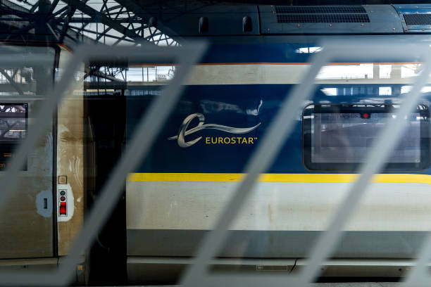 The Eurostar train to London Saint Pancras is leaving Gare Du Midi station on May 23, 2023 in Brussels, Belgium. Gare Du Midi or Bruxelles-Midi as it...