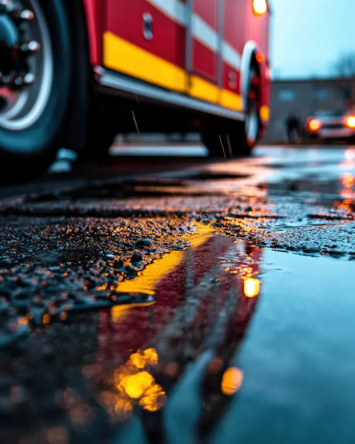 Fire truck side view with reflection on wet urban street. Fire truck side view stock images, royalty-free photos and pictures