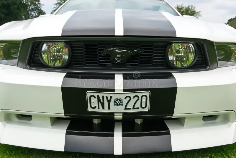 RONNEBY, SWEDEN - AUGUST 09: Summer V8 car fans event Pony & muscle car meet. Front close view of Ford Mustang model 2010 in 08 August, 2014 in Ronneby, Sweden. Mustang side view stock images, royalty-free photos and pictures