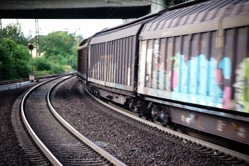 The side view of a freight train driving into a curve. Side view freight train stock images, royalty-free photos and pictures