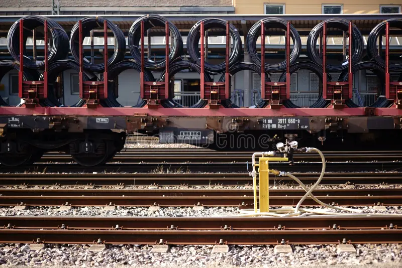 The side view of Railway wagons of a freight train loaded with power cables. Side view freight train stock images, royalty-free photos and pictures