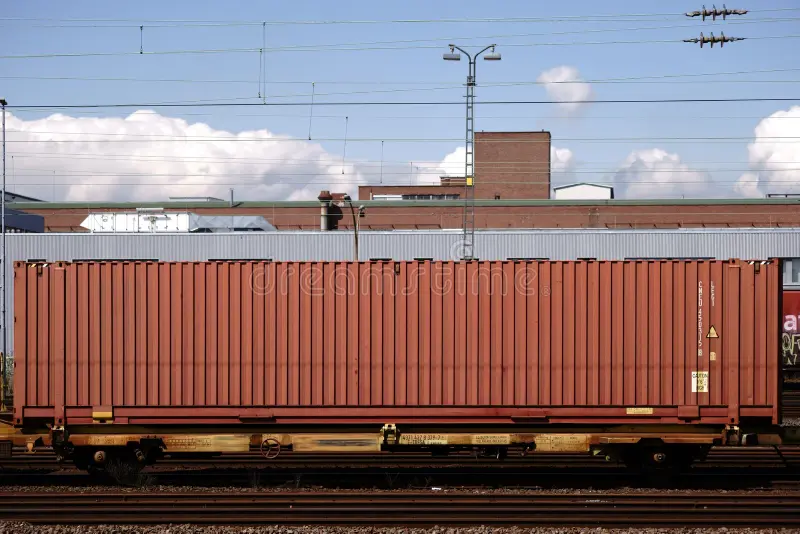 The side view of a railroad car of a freight train at the platform of the Opel plant in Ruesselsheim. Side view freight train stock images, royalty-free photos and pictures