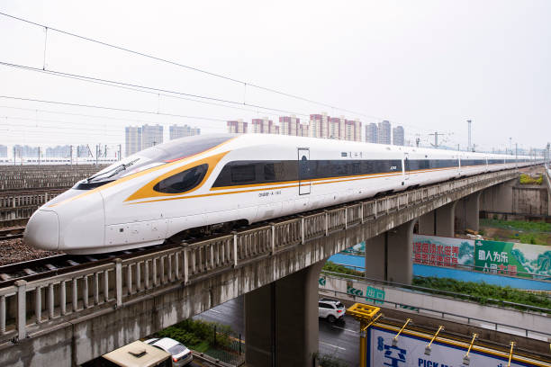No. G118 Fuxing bullet train runs out of Nanjing South Railway Station on July 1, 2018 in Nanjing, Jiangsu Province of China. New longer Fuxing...