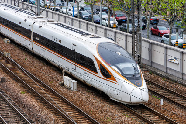 High-speed train of China Railway CR type Fuxing CR400 in Shanghai, China Shanghai, China - April 11, 2024: High-speed train of China Railway CR type Fuxing CR400 in Shanghai, China. fuxing train stock pictures, royalty-free photos & images