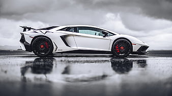 Lamborghini Aventador, vehicles, carros, side view, Lamborghini, white cars, reflection, HD wallpaper